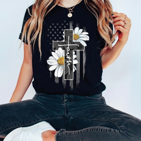 Faith Flag Daisy Cross | Graphic Christian T-Shirt | Faith-Based Apparel Shirt - Picture 1 of 5